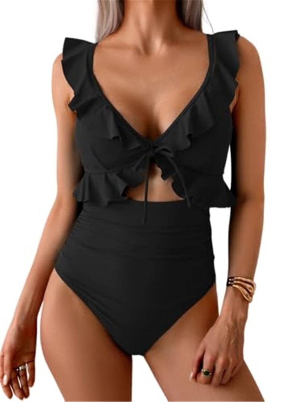 Black Ruffle One Piece Swimsuit V Neck Tummy Control Cutout Ruched Swimwear